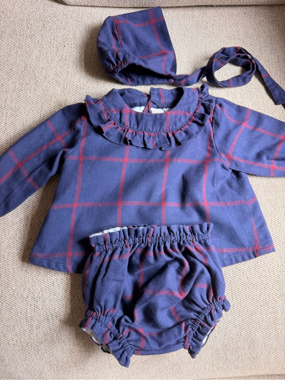 Baby Girls Navy & Red Plaid Ruffle Top with Bloomers and Bonnet